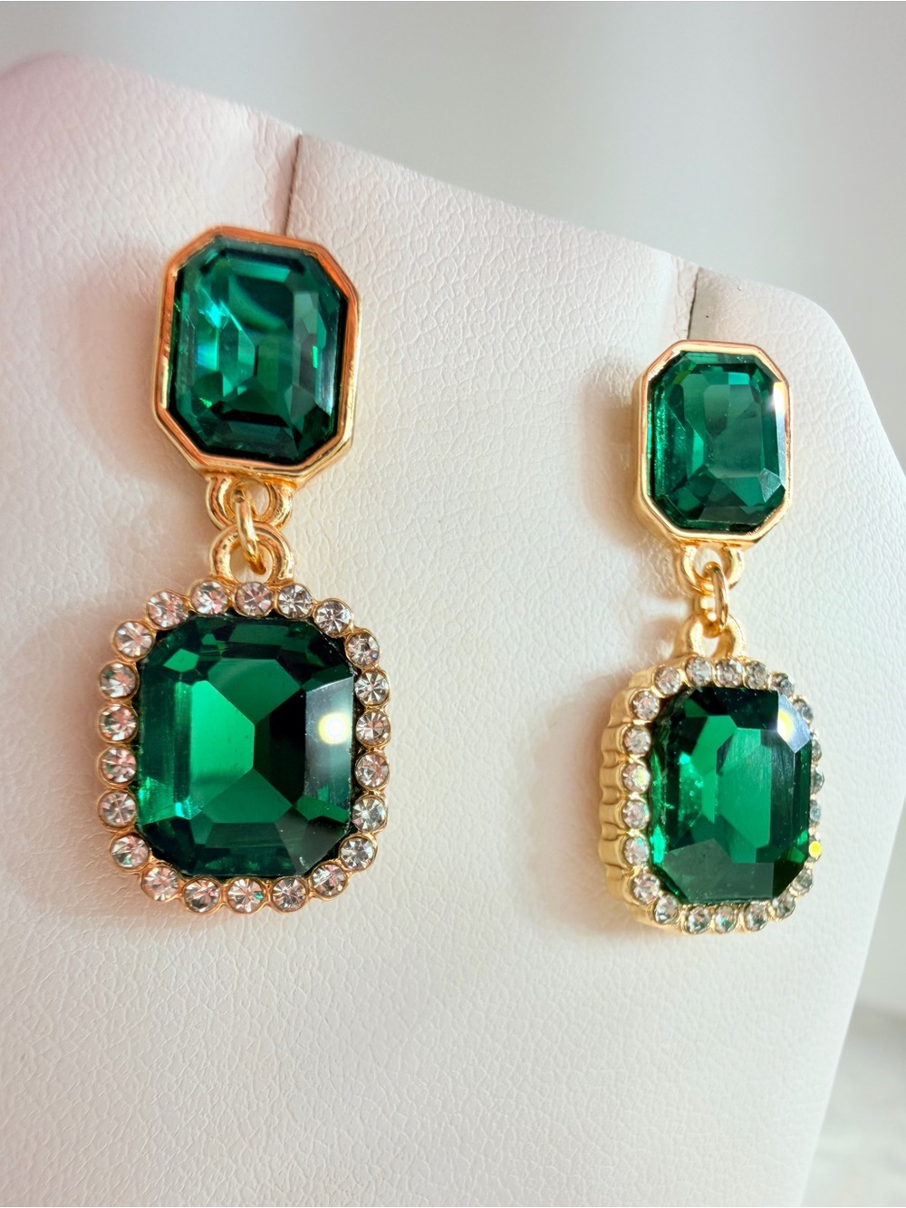 Gold-Tone Emerald Green Drop Earrings - Lux Crystal Dangle